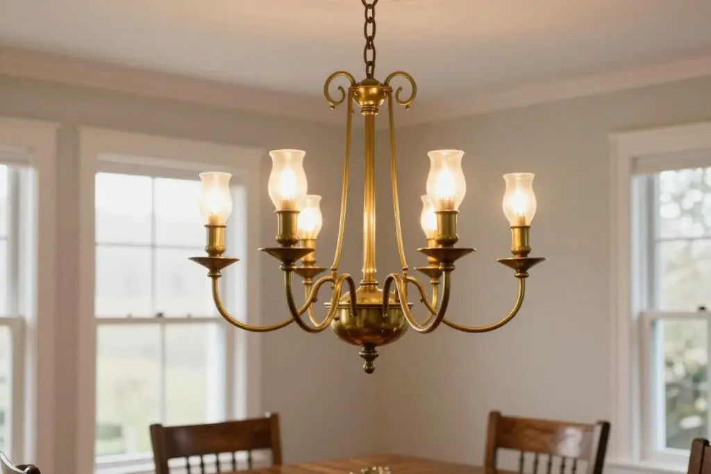 vintage brass chandelier with multiple arms in dining room