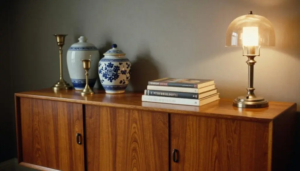 vintage walnut credenza styling with decorative objects and warm lighting