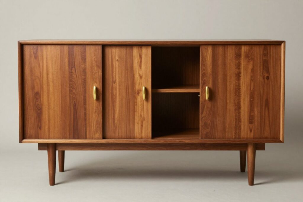 vintage walnut credenza with brass details and storage