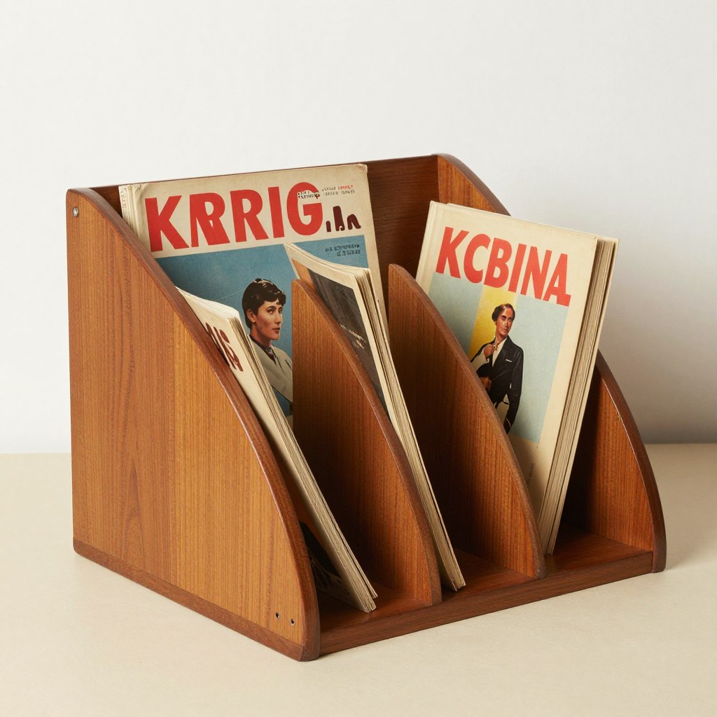 vintage wooden magazine rack with design books and magazines