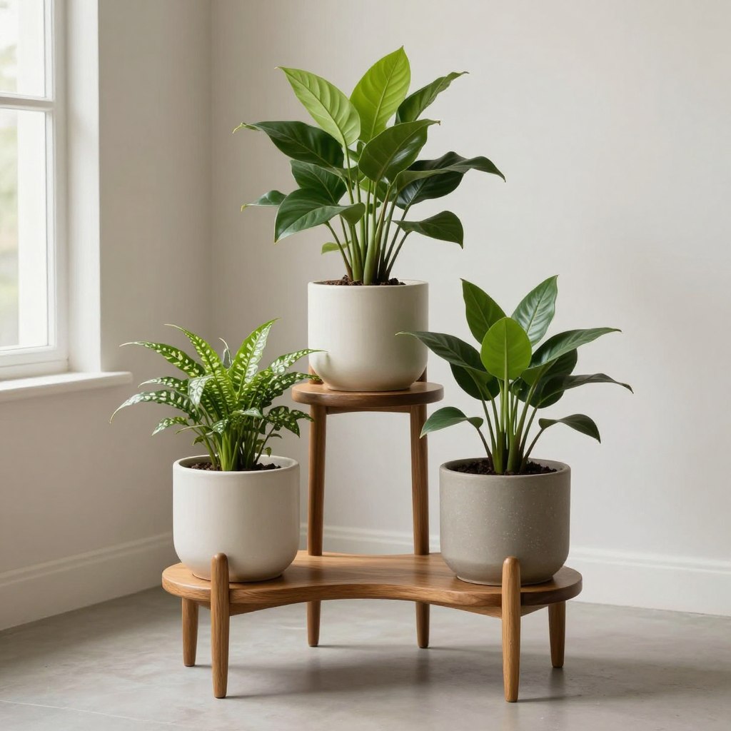 vintage wooden plant stand with ceramic pots and greenery