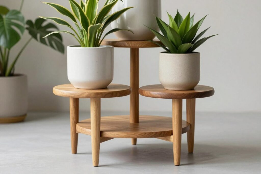 vintage wooden plant stand with three tiers and tapered legs
