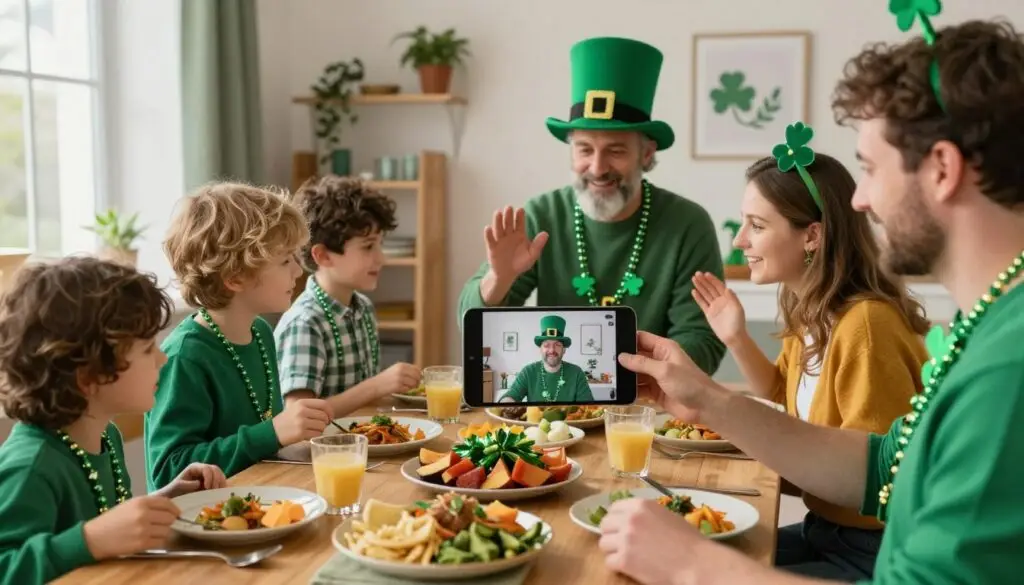 Modern family celebrating traditional St. Patrick's Day