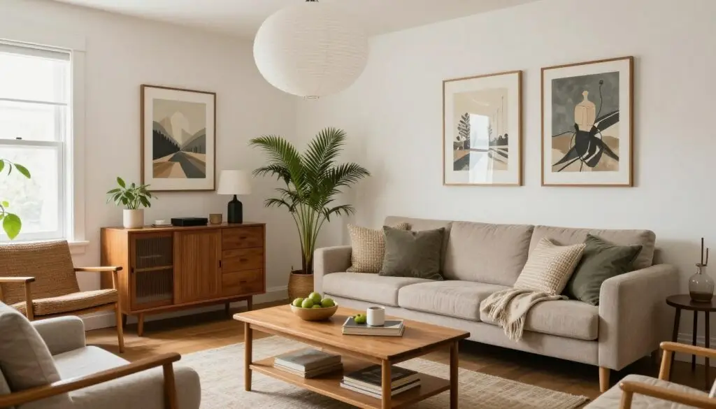 Slow decorating living room with vintage furniture and curated art pieces