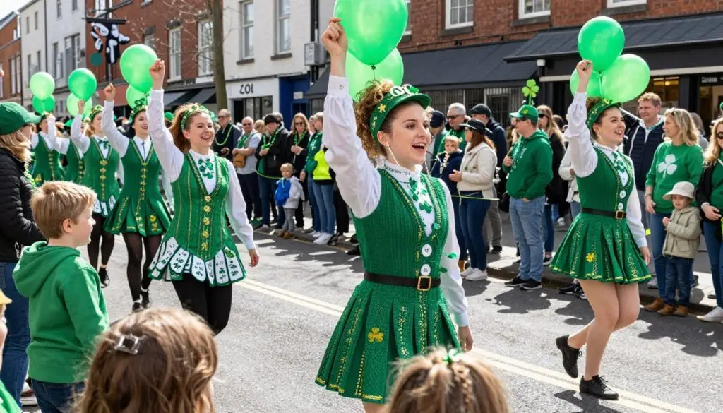 St. Patrick's Day parade celebration with families watching Irish dancers