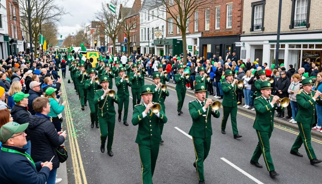 St. Patrick's Day parade with marching bands and crowds