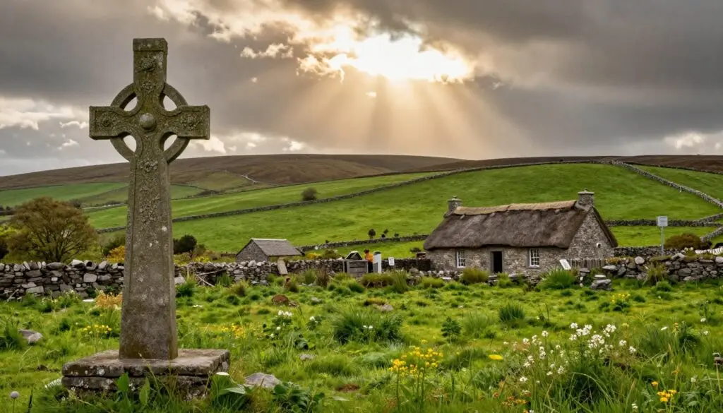 Traditional Irish countryside with rolling green hills and ancient stone cottage under dramatic sky representing Irish blessings and cultural heritage