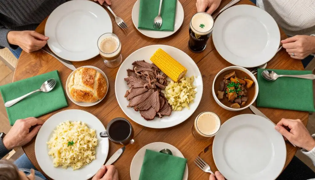 Traditional St. Patrick's Day feast spread on table