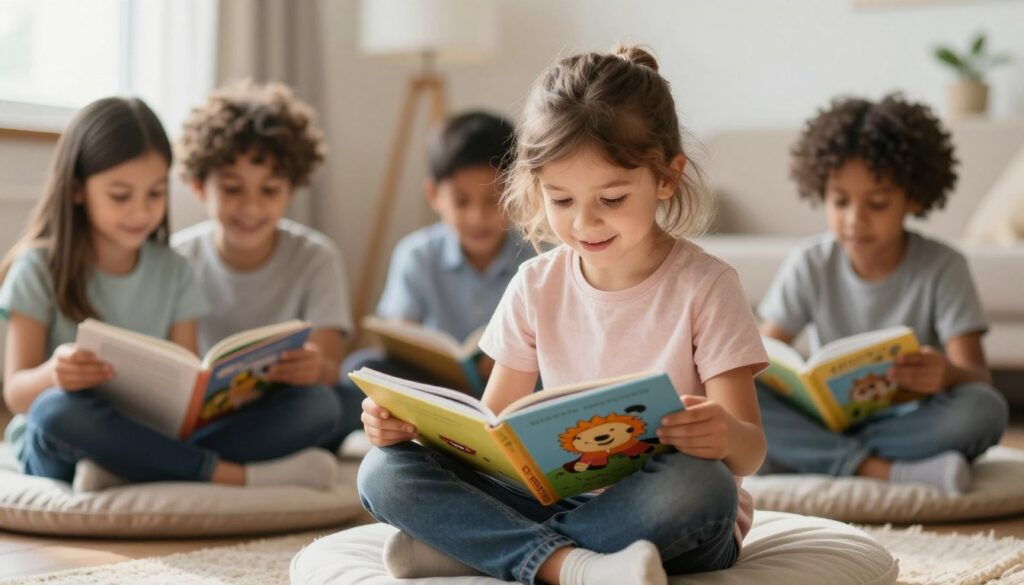 young child reading colorful picture book in cozy home setting with natural lighting